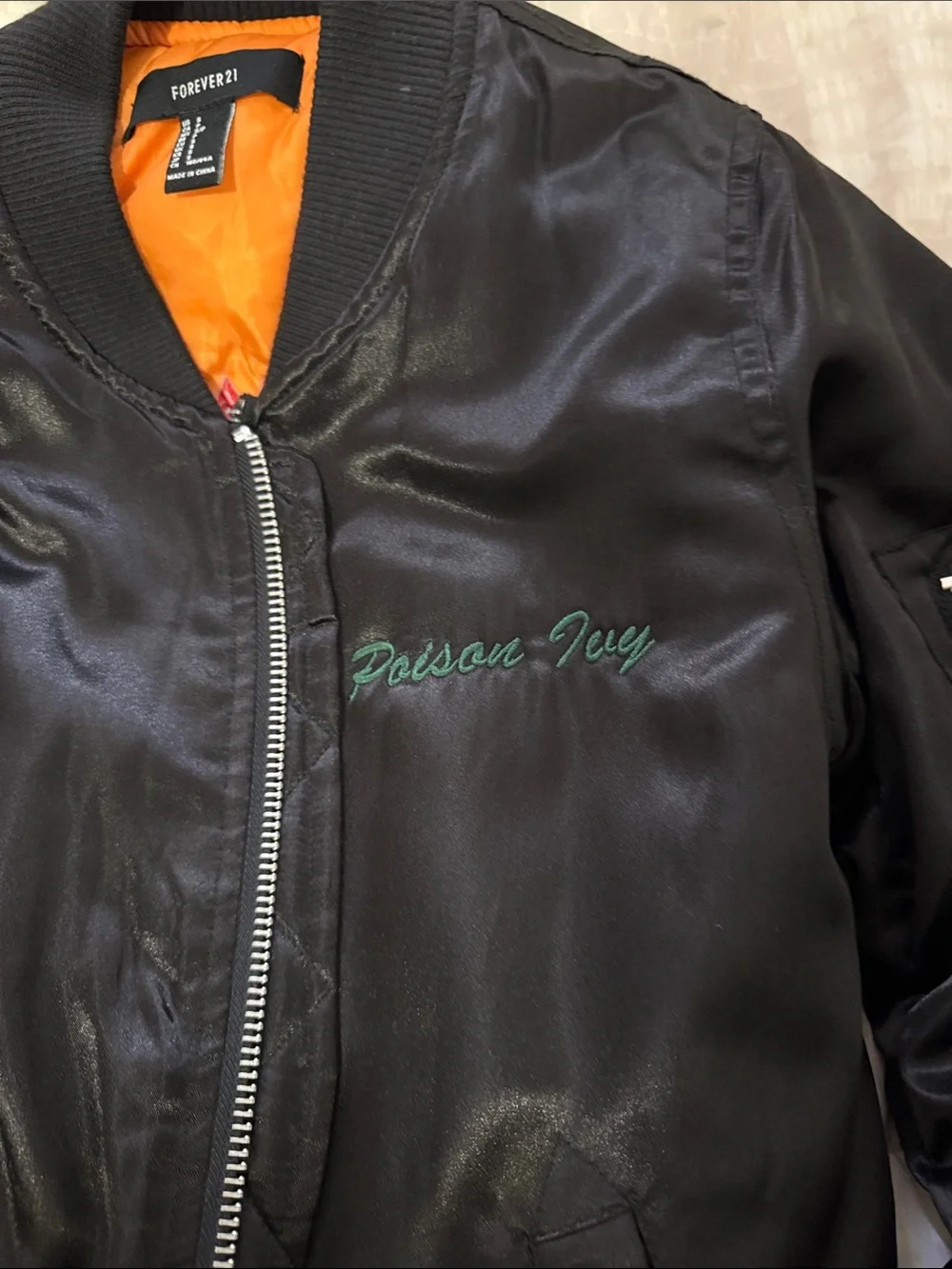 Custom Black Satin Bomber Jacket with Orange Lining and Gotham City Sirens logo